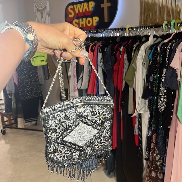 Vintage Handbags - Jose Cotel Vintage Black Satin/Black Beaded Over Satin Evening Bag